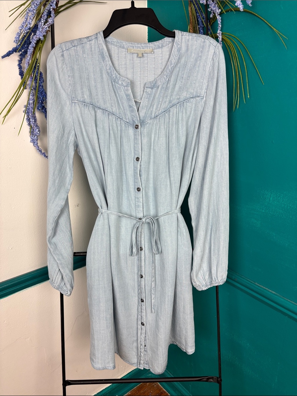 Daniel Rainn Light Blue Long-Sleeve Button Front Dress with Tie Waist